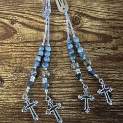 Silver Hair Clips With Beads And Cross Charms 