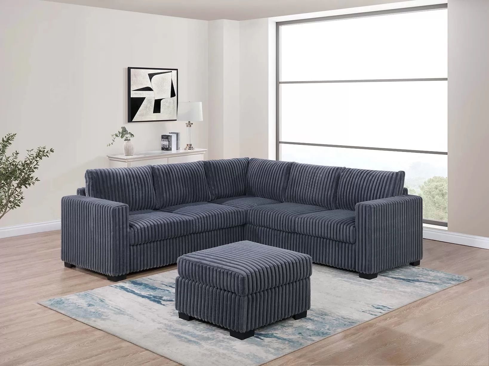 F8463 GREY CORDUROY SECTIONAL AND OTTOMAN