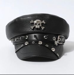Black Faux Leather Military Cap with Skull Hardware