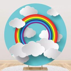 Renaiss 7.2x7.2ft Rainbow Round Backdrop Cover for Photoshoot Boy Girl Baby Portrait Paper Cutting Style Clouds Blue Sky Circle Photography Background