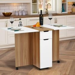 Folding Dining Kitchen Table w/Drawer & 2-Layer Storage Shelf, White