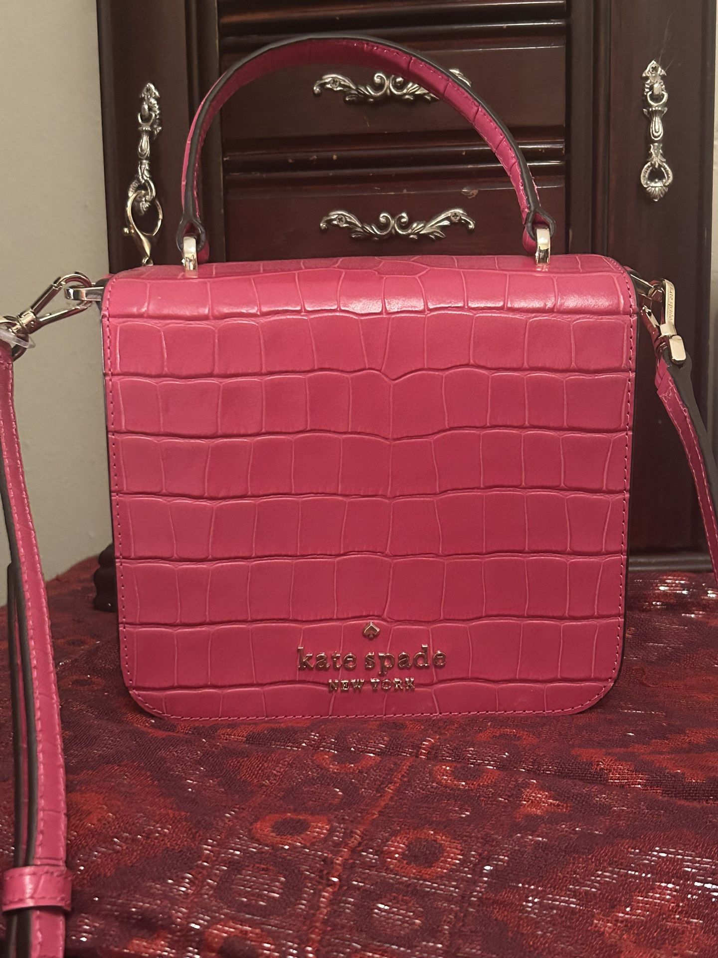 Kate Spade Pink Staci croc Embossed Crossbody Bag