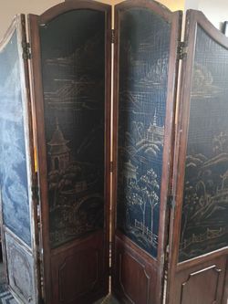 Antique Asian Chinoiserie 4-Panel Room Divider Screen