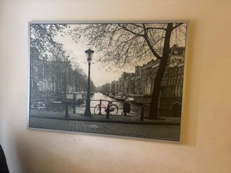 Large Framed Amsterdam Canal Wall Art – Black & White with Red Bicycle