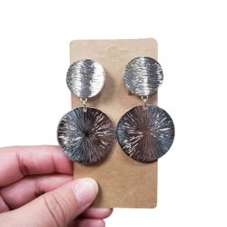 Silver Toned Double Circle Clip On Drop Earrings