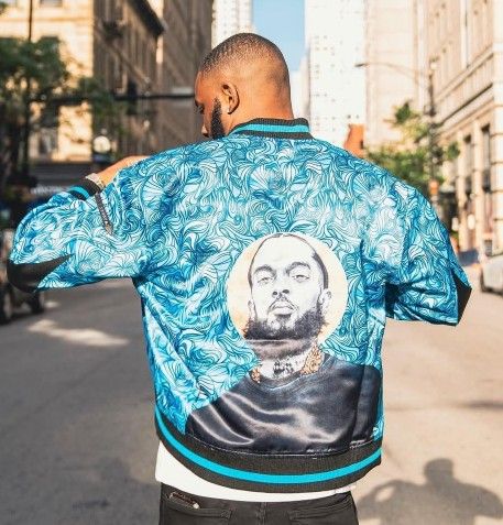 Nipsey Hussley Bomber Blue Graphic Men's Jacket Sz XL.