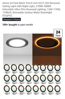 Amico 24 Pack Black Trim 6 Inch 5CCT LED Recessed Ceiling Light with Night Light, 2700K-5000K Selectable Ultra-Thin Recessed Lighting, 12W=110W, 1100L