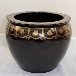 Vintage Chinese Porcelain Fishbowl Pot Planter Black W/ Gilt Lotus Flower Trim