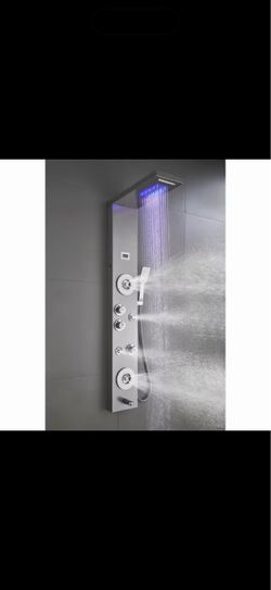 55 in. 6-Jet Shower Panel System with LED Rainfall Waterfall Shower Head Handshower and Tub Spout in Brushed Nickel