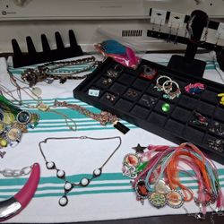 Large Lot Costume Jewelry With Tray Hanger Ring Holder