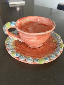 handmade, artisan ceramic teacup and saucer set - 1998