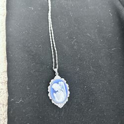 BBJ Blue Agate Angel Cameo Rhodium Over Sterling Silver Pendant With Chain.