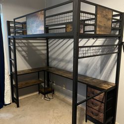 Twin Size Loft Bed With L-Shaped Desk. Industrial/Rustic  Look. Wood And Metal
