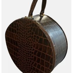 Vintage Lark Droutman NY Round Train Case Hat Box Dark Brown Faux Alligator 16"