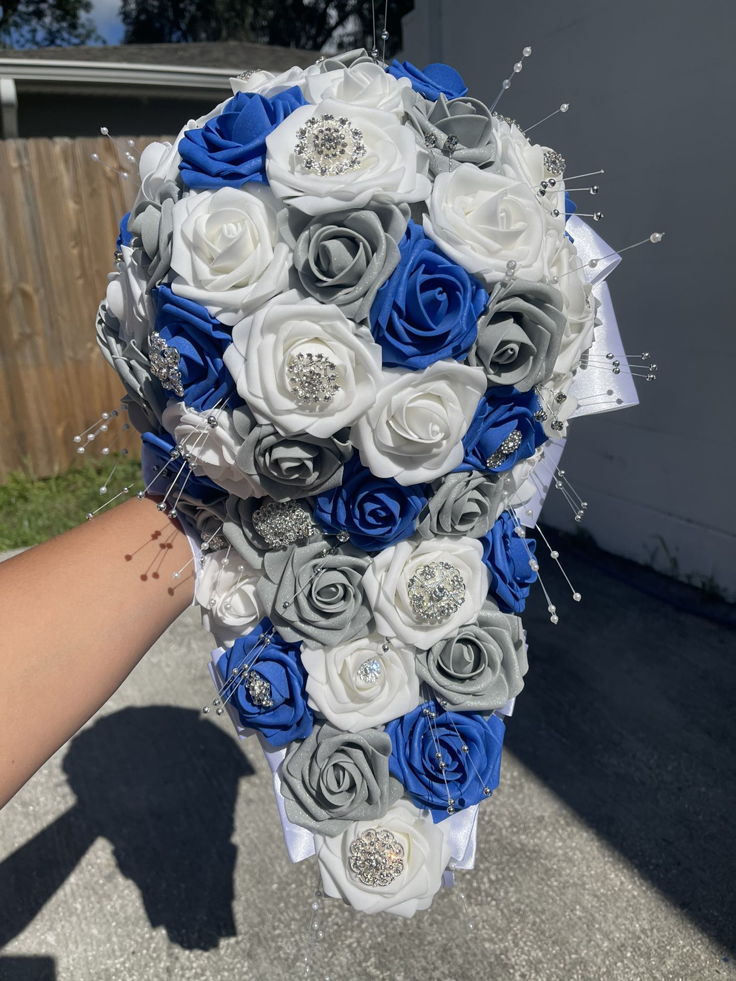 Flower Bouquet , White , Silver And Royal Blue