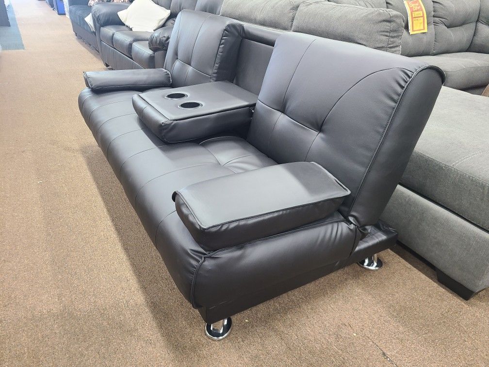 Brand New In Stock Black Leather Futon Sofa Bed