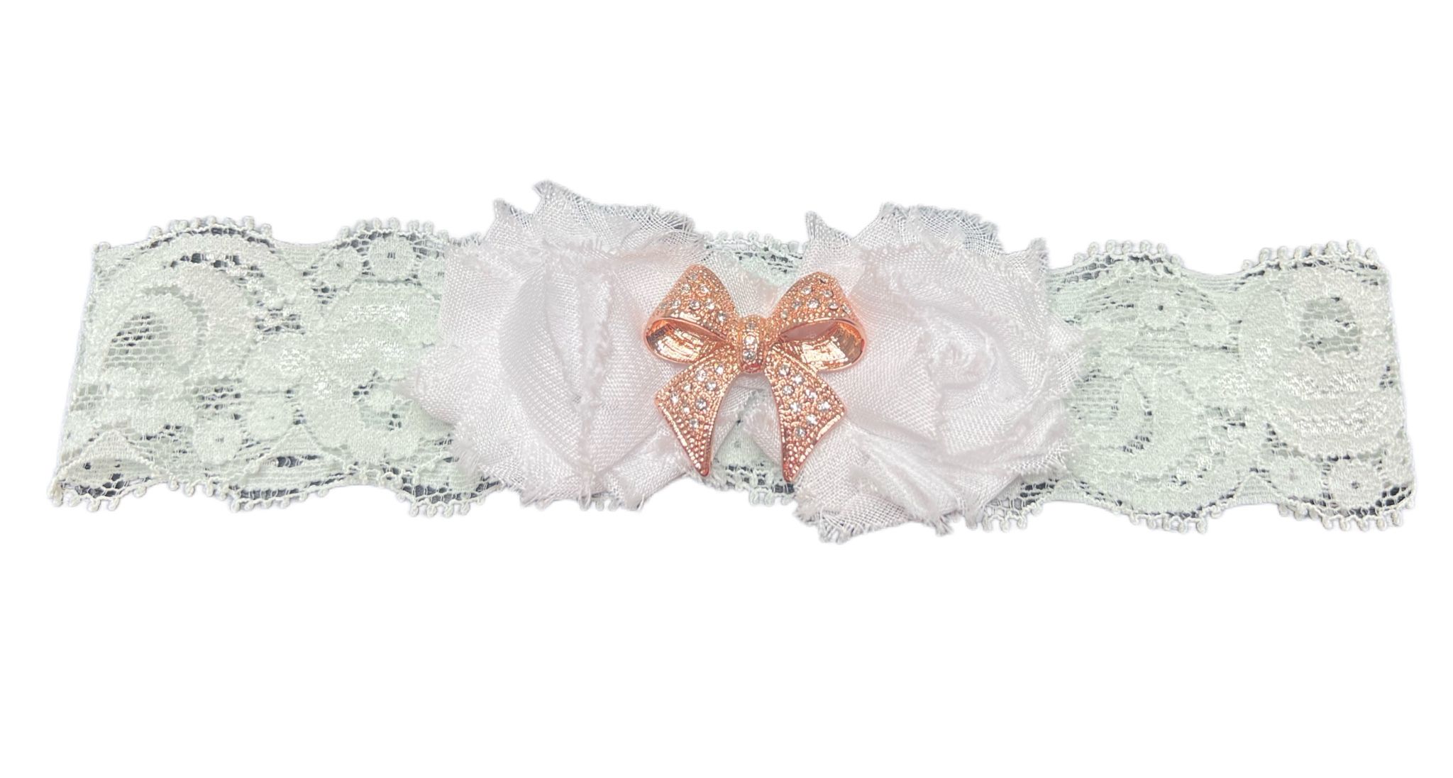 Rose Gold Rhinestone bow bridal garter, pale mint lace, new without tag.  Has an extra inch of stretch laying flat