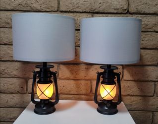Rustic Flickering Lantern Tabletop Lamps / Lights with Grey Shade