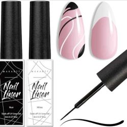 NEW! Gel Nail Polish Liner Set, 2 Colors White and Black - UV Curing with Thin Brush