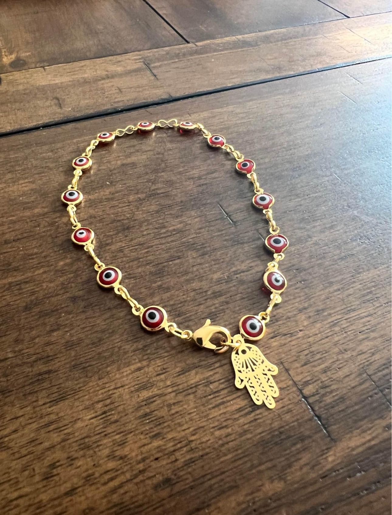 Gold Filled Red Evil Eye Hamsa 10 Inch Anklet