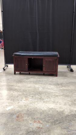 Mission Style Wood Entryway Storage Bench with Black Cushion