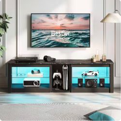 70 Inch Gaming TV Stand & Entertainment Center with LED Lights & Glass Shelves, Media Cabinet for Living Room - Black