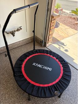 NEW This Kanchimi 40-inch folding mini fitness rebounder features a sturdy black steel frame and a secure adjustable handle