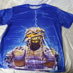Electric Blue Graphic Tee with Lightning and Skull Design