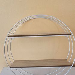 Round White Wire & Wood Floating Wall Shelf (2-Tier)