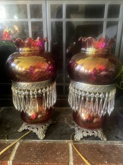 Vintage Cranberry Hurricane Lamp… SINGLE LAMP, One just broke