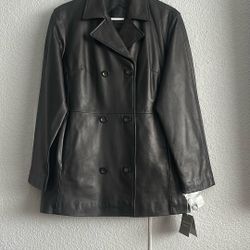 Black Genuine Leather Double-Breasted Jacket with Notched Lapel
