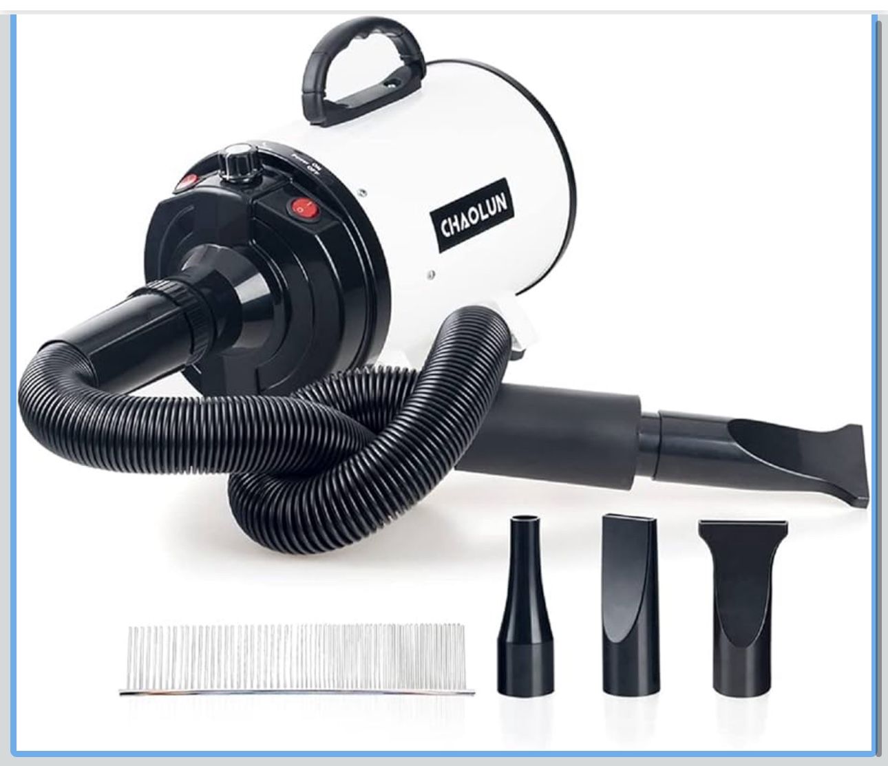 New Dog Dryer for Pet Grooming, High Velocity Pet Hair Dryer with Heater, Adjustable Speed, 3 Nozzles and a Comb, White