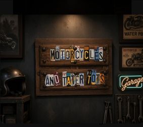Vintage Motorcycle and Tater Tots license plate sign