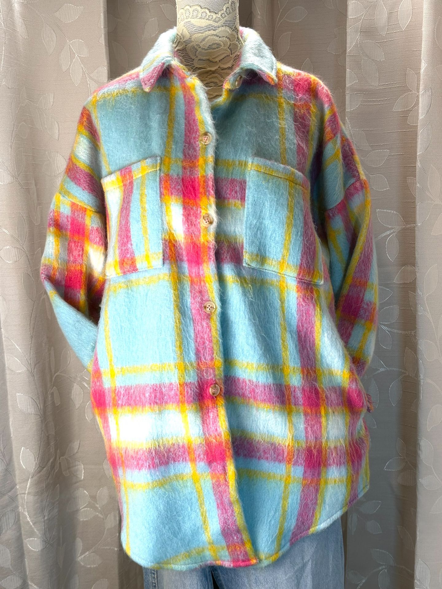 Davi & Dani Women’s Oversized Plaid Shacket Jacket S Blue Pink Fuzzy Soft