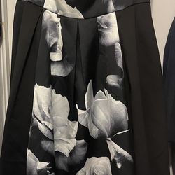 Black Floral Tea Length Semi-formal Strapless Dress