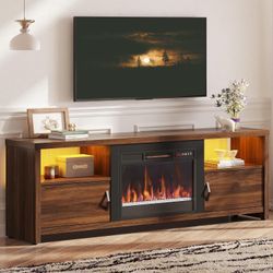 Bestier 70" Electric Fireplace TV Stand for TVs Up to 75", Modern Entertainment Center with Storage Cabinets, LED Lights, Open Shelves and 