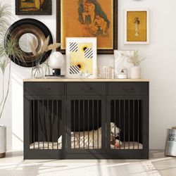 55.3" Dog Crate Kennel Cage Furniture with 3 Drawers for Small, Medium and Large Dog, Black