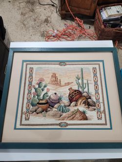 Vintage Southwestern Needlepoint Cross Stitch Framed Wall Art Cactus Pottery Desert 16x20