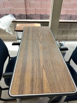 Folding Table and Two Blue Upholstered Chairs