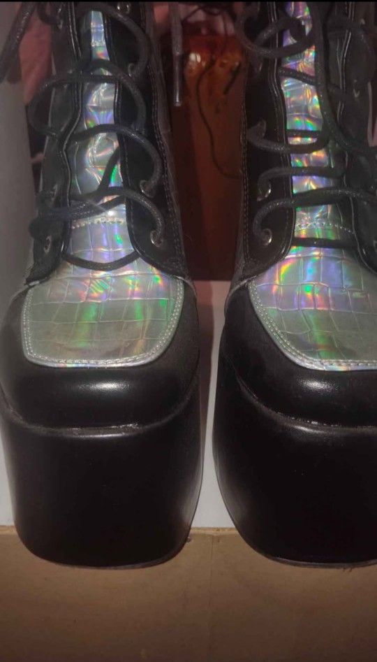 Metallic Platform Black Heel Boots