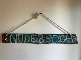 Nude Beach Hand-Painted Wood Sign pool spa yard decor 31 inches