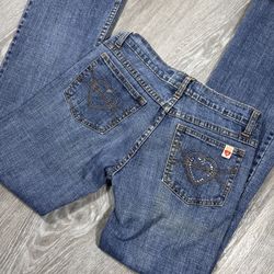Vintage Y2k Juicy Couture low waisted flared jeans with embroidery hearts back pockets   Size 26 