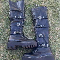 Lamoda black extreme lace up flat over the knee boots Size 4