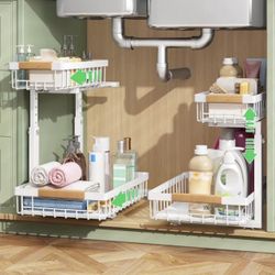 Set of 2 Metal Under Sink Organizer Shelves Storage with Pull Out Basket NEW CONDITION ASSEMBLED