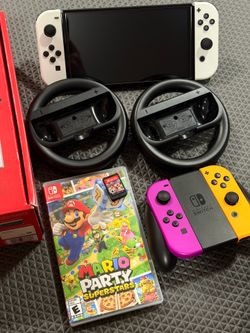 🏎️ 4-PLAYER PARTY BUNDLE: White Switch OLED + Mario Kart 8 + Mario Party + 4 Wheels