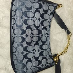 COACH small shoulder bag in navy signature jacquard.