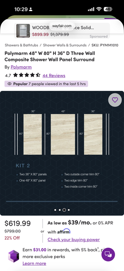 Fiberglass enclosure ,Polymarm 48" W 80" H 36" D Three Wall Composite Shower Wall Panel Surround