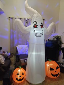 9FT Halloween Inflatable Yard Decor, Giant Ghost with 2 Pumpkin, Outdoor