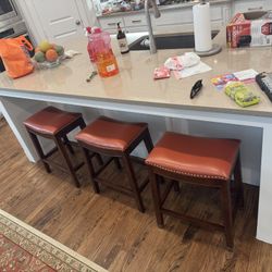 Set of 3 Leather Bar Stools with Nailhead Trim