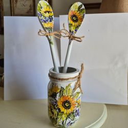 Hand designed painted and decoupaged jar and wooden spoon set